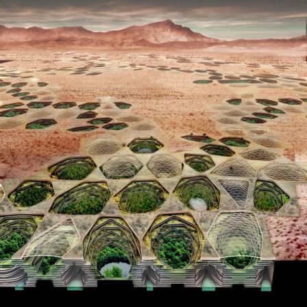 Ville souterraine avec ses quartiers disposés en cellule hexagonales, comme dans une ruche. La surface, vitrée, est couverte de serres, collecteurs d'humidité et de panneaux solaires, les niveaux inférieurs forment des gradins végéatlisés et au fond apparaissent les réserves d'eau.